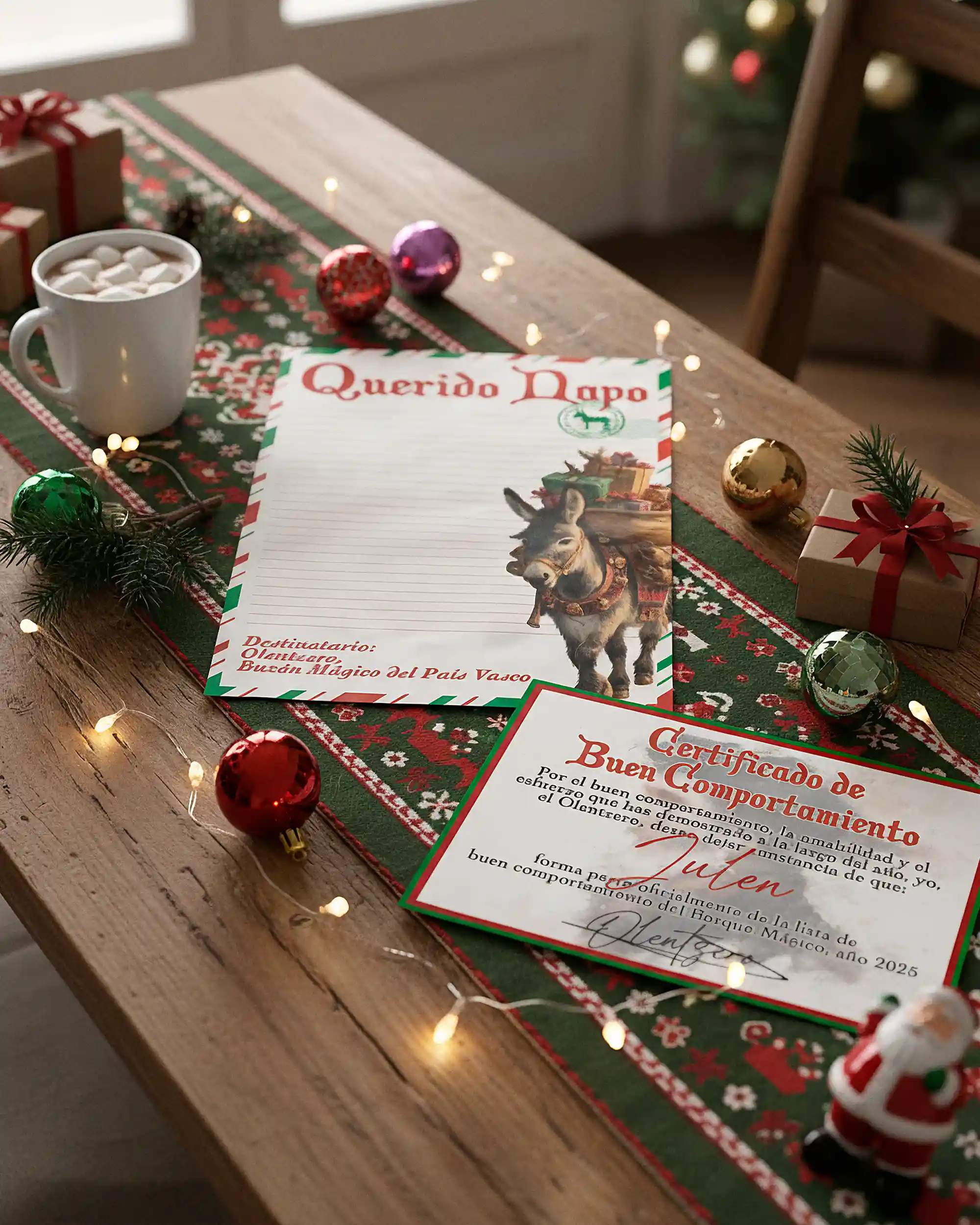 Carta personalizada de Olentzero sobre una mesa con decoración navideña