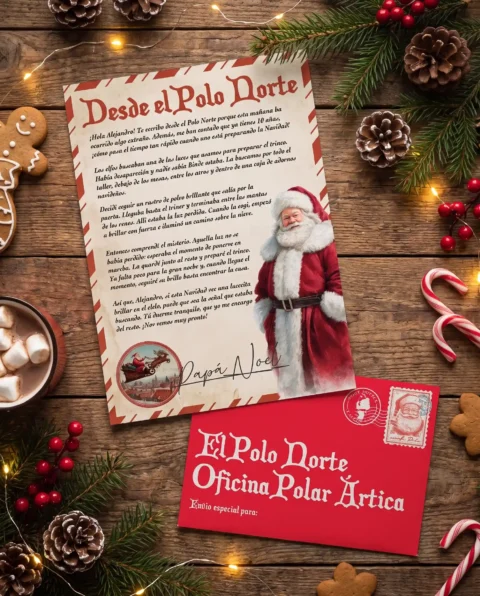 Carta personalizada de Papá Noel en castellano con sobre rojo del Polo Norte