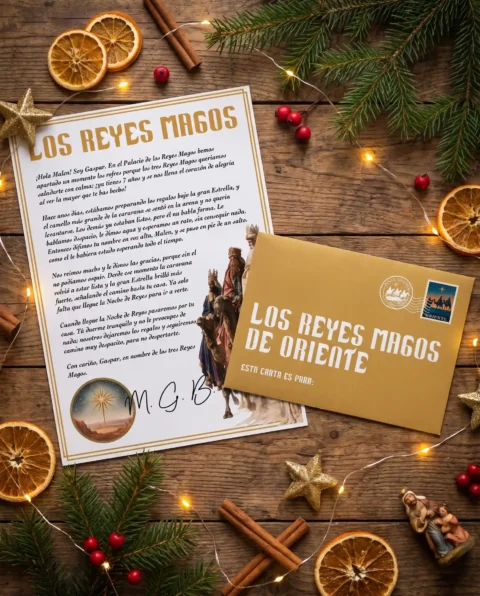 Carta personalizada de los Reyes Magos en castellano con sobre dorado de Oriente