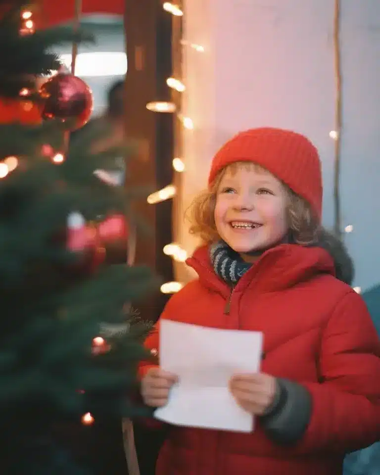 Niña con abrigo rojo sonriendo mientras sujeta su carta de Navidad