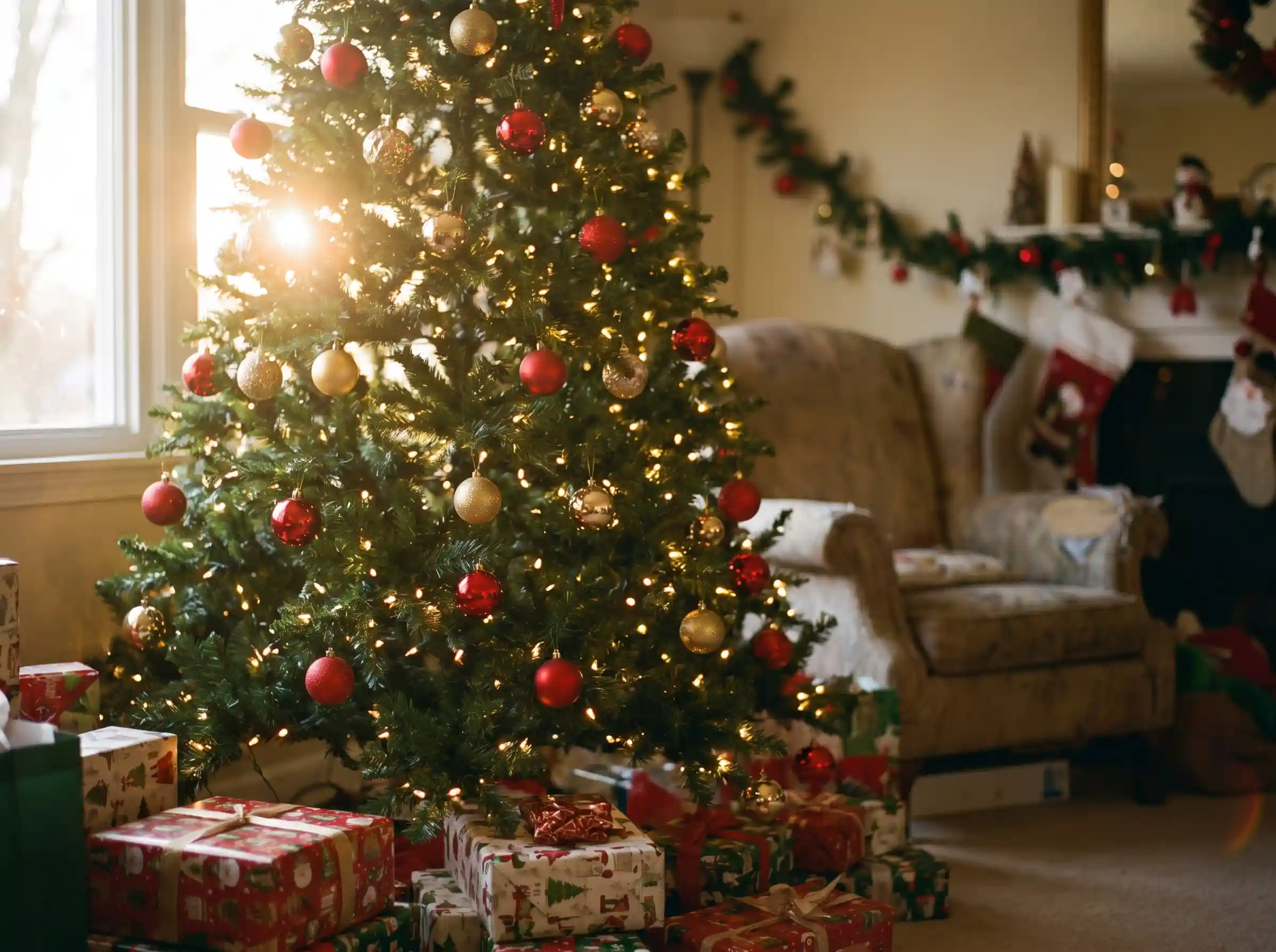 Salón con el árbol de Navidad iluminado esperando la llegada de Papá Noel
