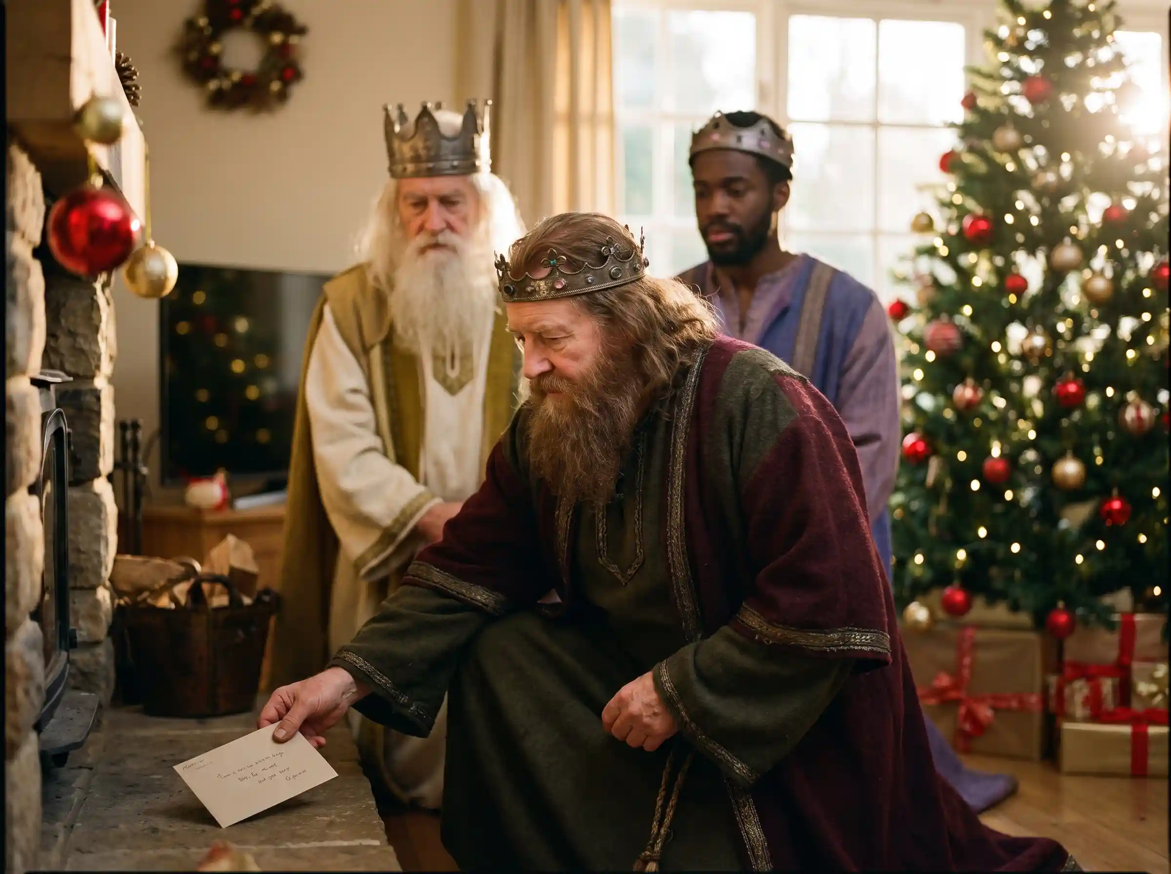 Los Reyes Magos dejando una carta personalizada para un niño junto al árbol de Navidad